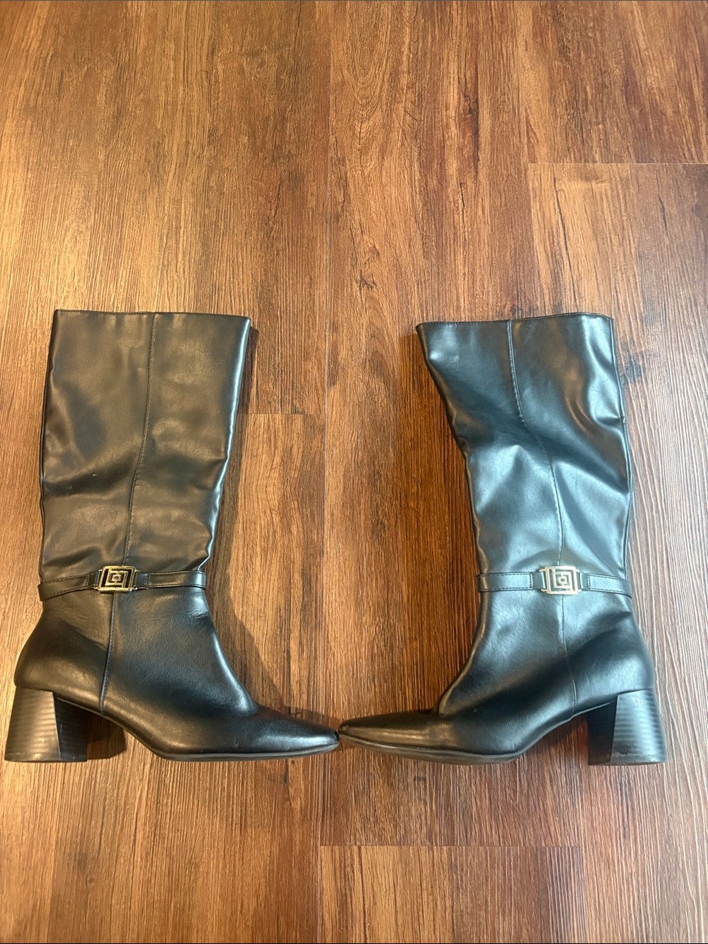 Liz Claiborne Black Knee High Pleather Block Heel Boots with Gold Buckle